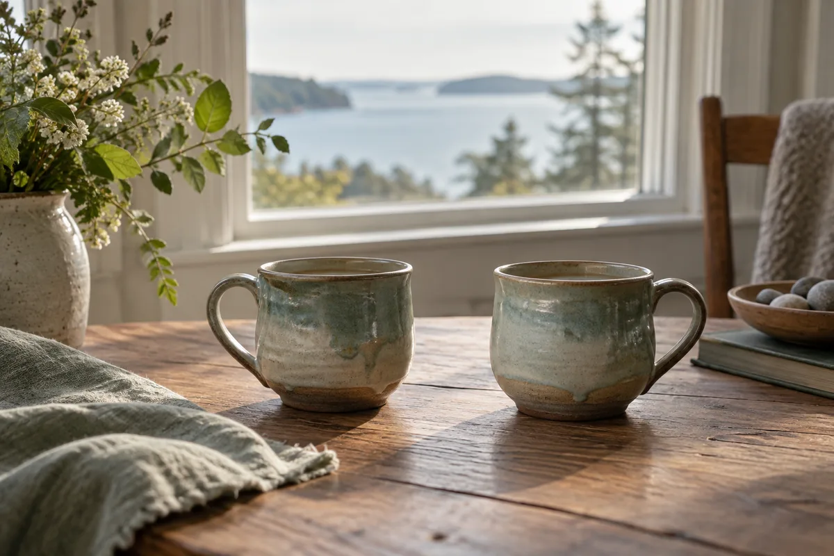 Two ceramic cups beside a softly lit window.