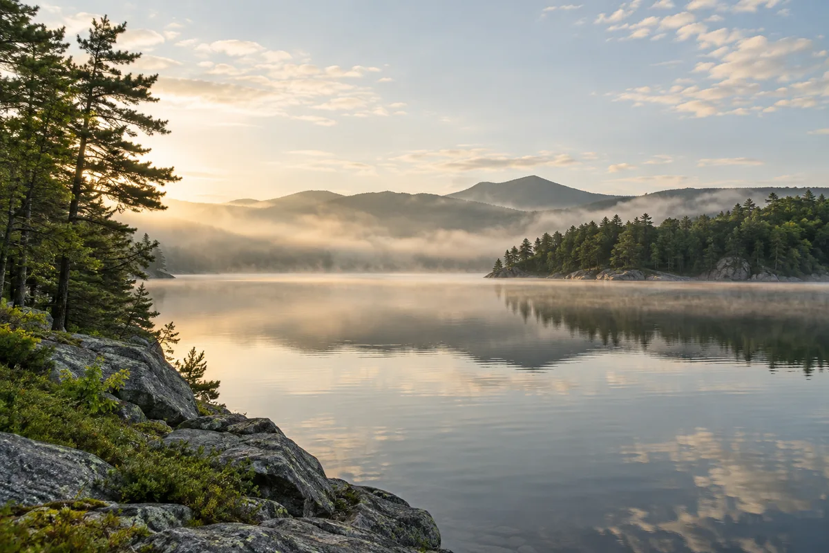 Morning mist lifting from a quiet lake.
