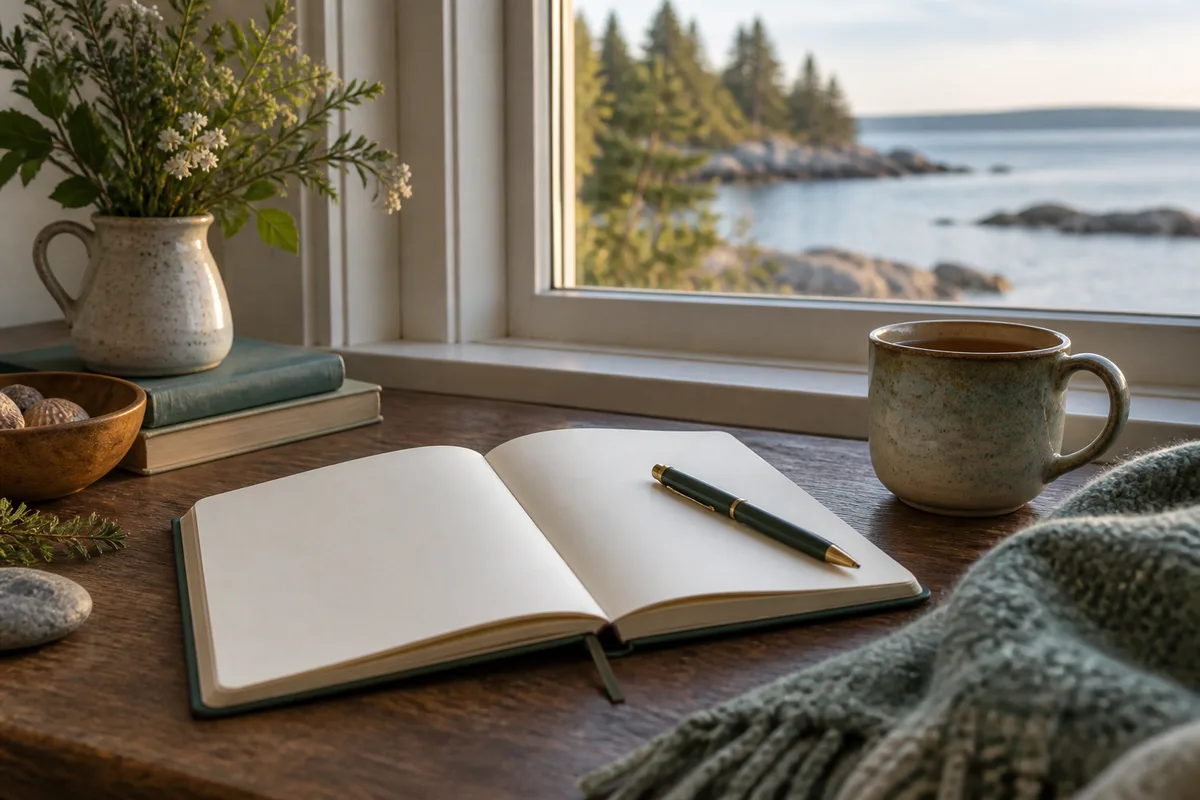 An open journal and tea in gentle window light.