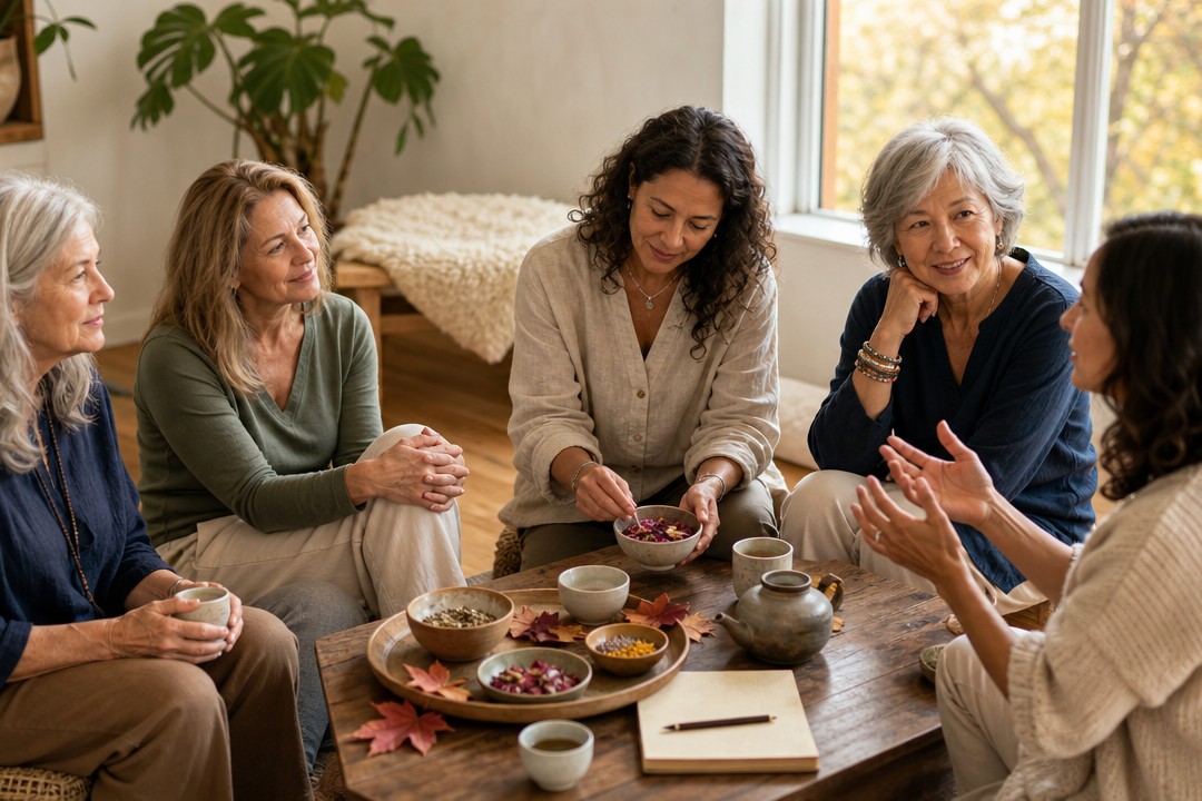 Women gathered around a table of herbs and tea during an Ayurveda workshop