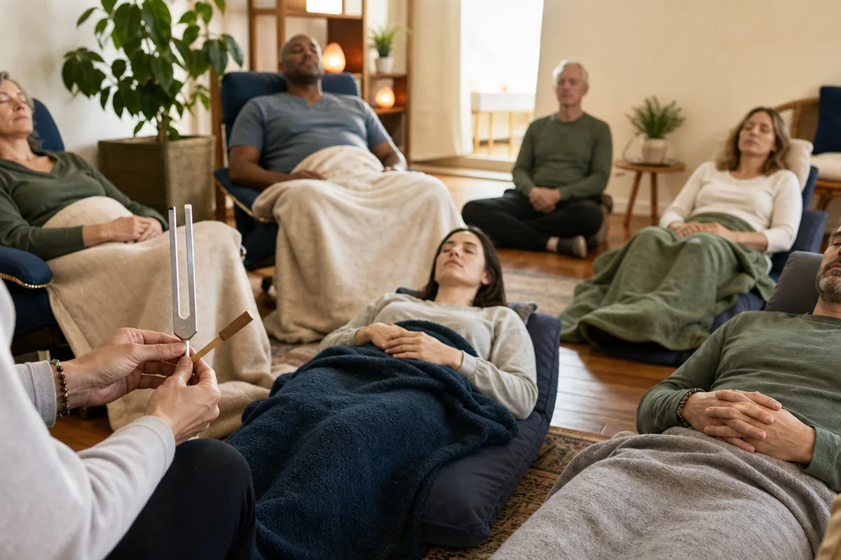 A small group resting with eyes closed while a practitioner holds a tuning fork.