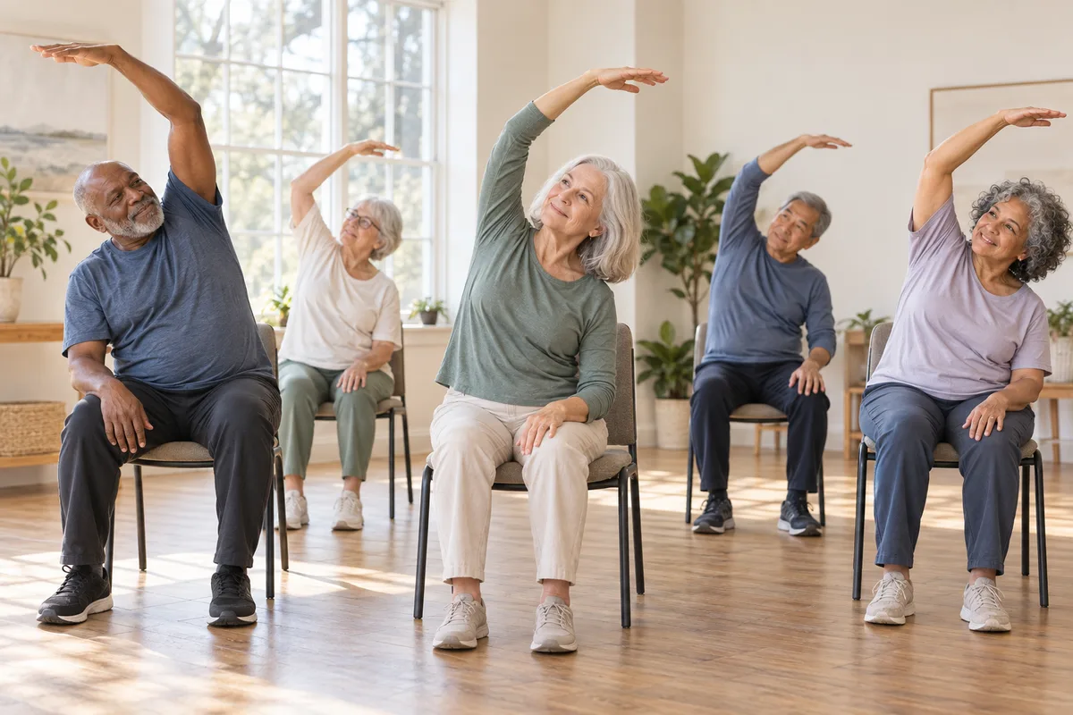 Adults practicing a gentle seated stretch on chairs.