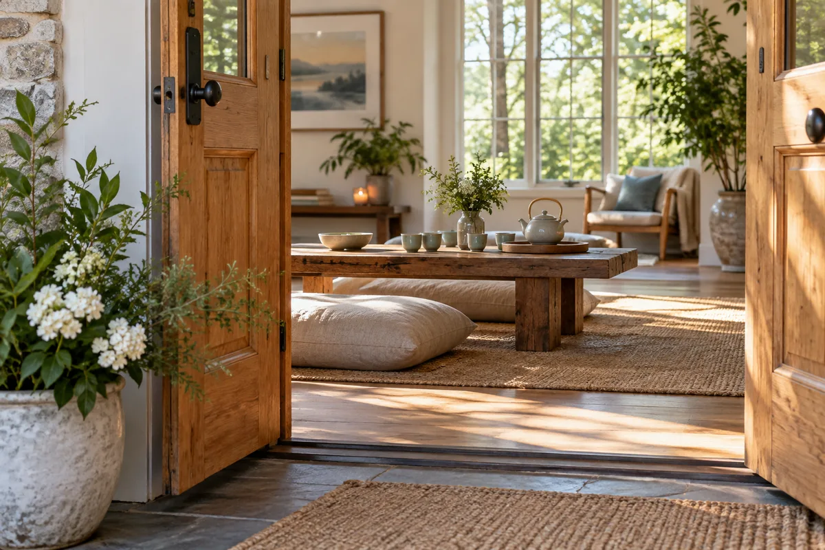 An open doorway welcoming visitors into a softly lit space.