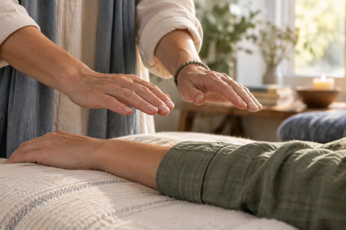 Hands practicing a gentle Reiki position above a clothed forearm.