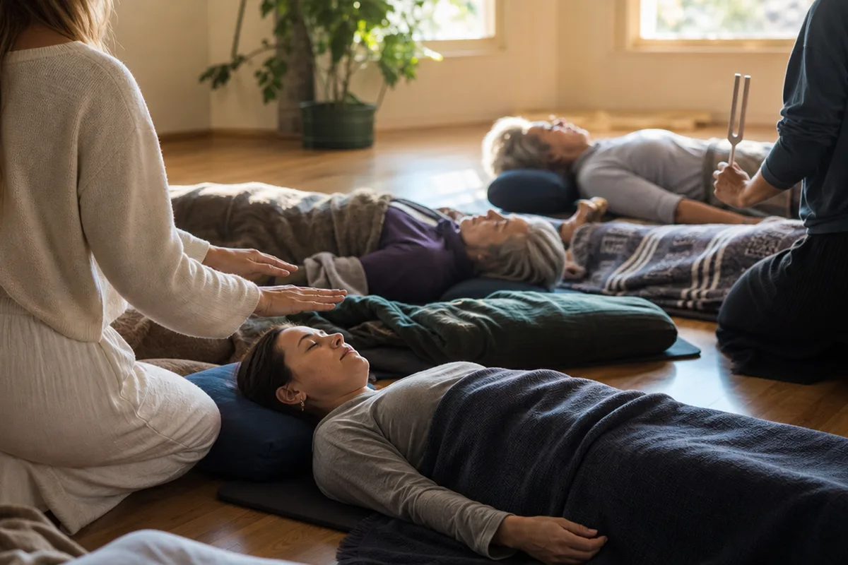 Adults resting on mats while two practitioners offer Reiki and tuning forks.